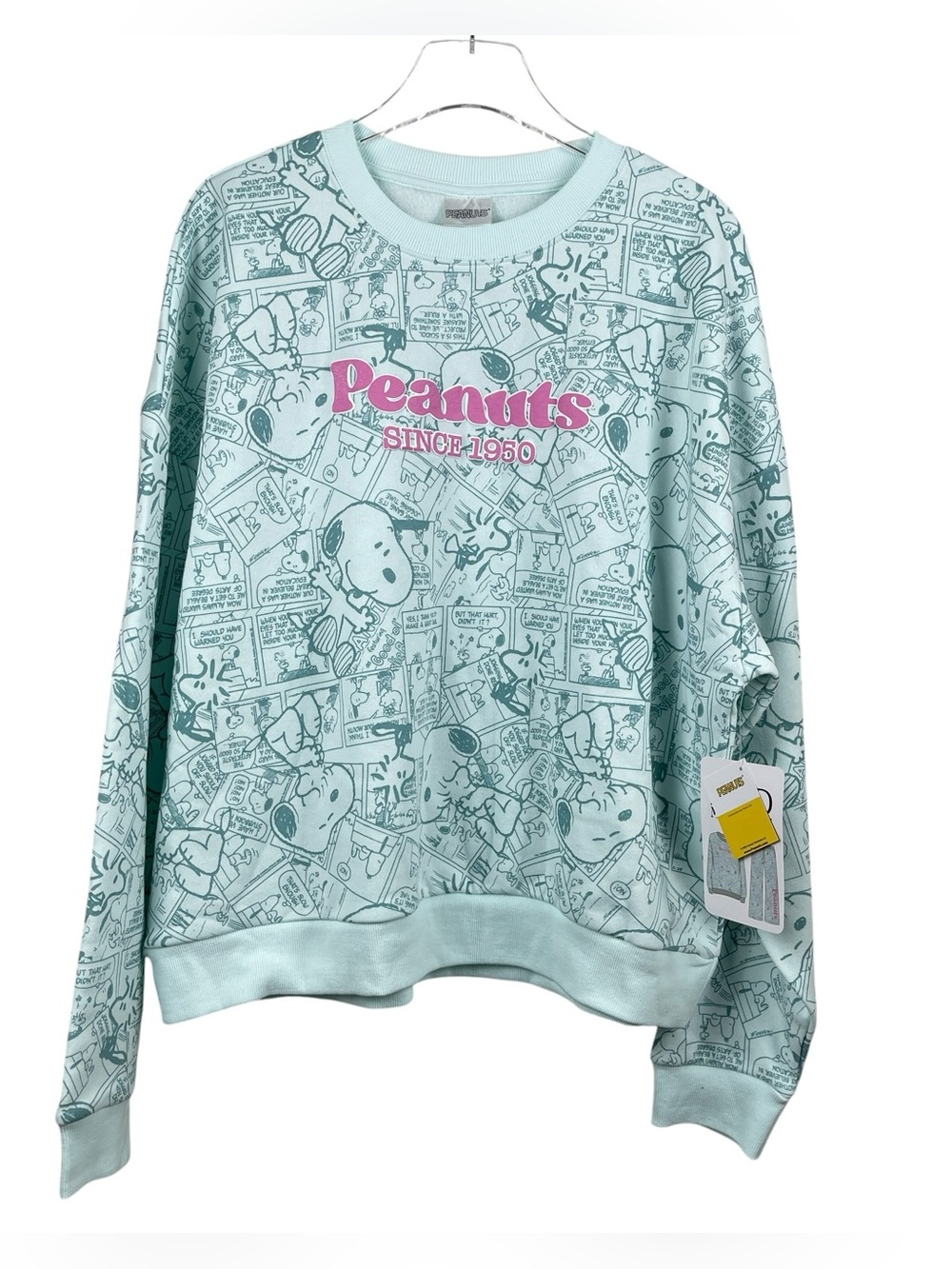 Peanuts Newspaper Print Double Sided Mint Green Sweatshirt Women’s Size XL NWT